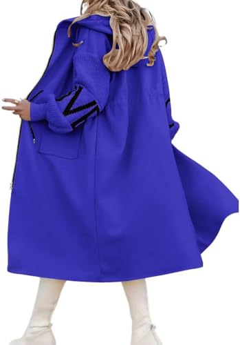 Suncadmious Damen lässig gestrickt Ärmel Wolle Trenchcoat Zip Up Hooded Wollmischung Mantel mit Taschen (blau,XL) von Suncadmious