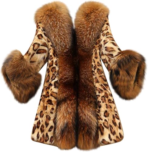 Suncadmious Damenmode Leopard Pelzmantel Kunstpelze Kragen Jacke Elegante Warme Wintermäntel Klassische Strickjacke Oberbekleidung (Braun,L) von Suncadmious