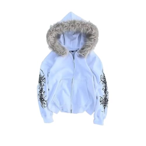 Suncadmious Damenmode Y2K-Print Reißverschluss Pelzkragen Kapuzenjacke Preppy-Style mit Taschen Loose Fit Paar Gothic-Stil 2000er Print Hoodie (Weiß,M) von Suncadmious