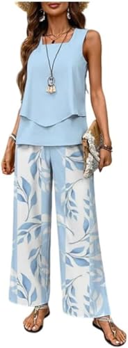 Suncadmious Damenmode gedruckt zweiteilige Outfit ärmelloses Oberteil und Hose ärmellose doppelte Schicht Weste und weites Bein Hose Business Casual Anzug (Blau,M) von Suncadmious