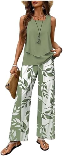 Suncadmious Damenmode gedruckt zweiteilige Outfit ärmelloses Oberteil und Hose ärmellose doppelte Schicht Weste und weites Bein Hose Business Casual Anzug (Grün 1,XXL) von Suncadmious