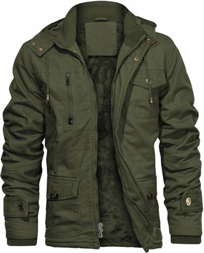 Suncadmious Dicke Herren Winterjacken mit Kapuze Fleecefutter Baumwolle Militärjacken Arbeitsjacken mit Cargotaschen Outwear (Grün,L) von Suncadmious
