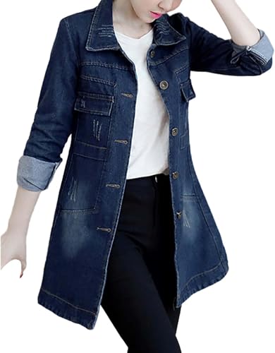 Suncadmious Eleganter Langer übergroßer Trenchcoat für Damen mit Knopfleiste Denim-Parka mit Revers und Knöpfen schmale einreihige mittellange Trenchcoat-Herbstjacke (dunkelblau,L) von Suncadmious