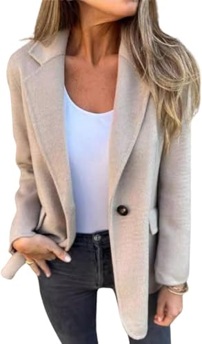 Suncadmious Eleganter einreihiger einfarbiger Blazer für Damen mit Reversknöpfen fürs Businessbüro Revers Kurze Jacke modische Straßen-Shooting-Kurzjacke aus Tweed (Mandel,L) von Suncadmious