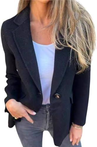 Suncadmious Eleganter einreihiger einfarbiger Blazer für Damen mit Reversknöpfen fürs Businessbüro Revers Kurze Jacke modische Straßen-Shooting-Kurzjacke aus Tweed (Schwarz,M) von Suncadmious