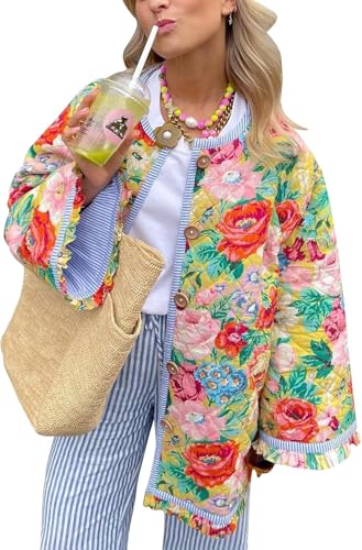 Suncadmious Frauen Floral gedruckt Gesteppte Jacke Colorblock leichte gepolsterte Jacke Puffer Mantel Outwear (rot,XL) von Suncadmious