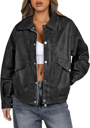 Suncadmious Frauen Kunstleder Jacke Langarm Button Down Zip Up Motorrad Biker Mantel Herbst Outfits Trendy Kleidung (schwarz,S) von Suncadmious