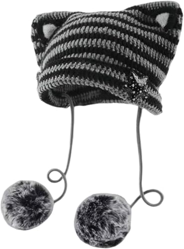 Suncadmious Frauen Y2K Katze Ohr Beanie Hut mit Pom Poms Star Zubehör Goth Grunge Häkeln gestrickt Slouchy Skully Caps Alt Emo Kleidung (schwarz,Einheitsgröße) von Suncadmious