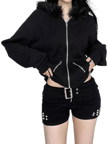 Suncadmious Frauen Y2k lose schwarz Reißverschluss mit Kapuze Sweatshirt überdimensioniert lässig Cartoon Harajuku Kawaii Kleidung überdimensioniert Straße Jacke (Schwarz,M) von Suncadmious