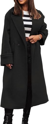 Suncadmious Frauen lose Lange Wolle Mantel gekerbt Revers Peacoat Wolle Jacke Winter warm Mantel Erbse Mantel Trenchcoat (Schwarz,L) von Suncadmious