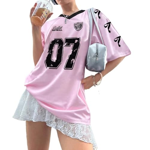 Suncadmious Frauen schnell trocken atmungsaktiv Mesh lose Brief drucken überdimensioniert stricken Bowknot Digitaldruck V-Ausschnitt leicht lose Street Style T Shirt (Rosa,M) von Suncadmious