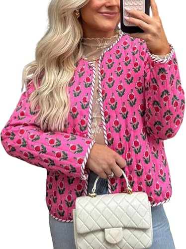 Suncadmious Gesteppte Jacken für Frauen Reversible Floral Print Open Front Lightweight Cropped Puffer Jacket Outwear (Rosa,S) von Suncadmious
