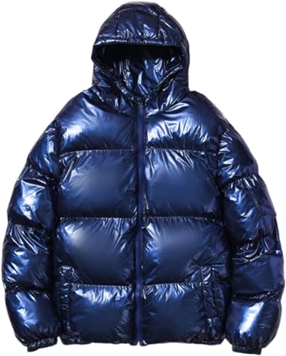 Suncadmious Glänzende Daunenjacke für Herren mit Kapuze große Größe lässig wasserdicht Winddicht warme Jacke modisch locker verdickte glänzende Daunenjacke mit Kapuze (Blau,S) von Suncadmious
