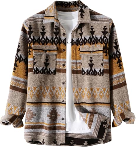 Suncadmious Herren Azteken Print Langarm Button Down Hemden Oberteile (Braun,M) von Suncadmious