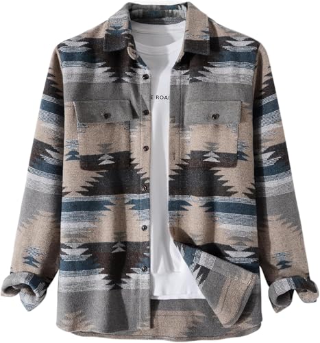 Suncadmious Herren Azteken Print Langarm Button Down Hemden Oberteile (grau,XL) von Suncadmious