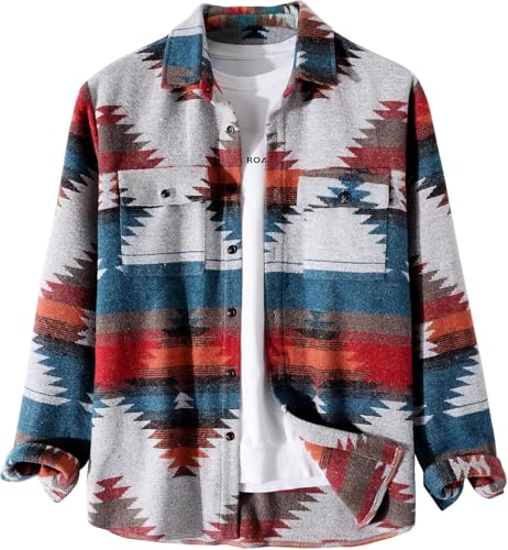 Suncadmious Herren Azteken Print Langarm Button Down Hemden Oberteile (rot,L) von Suncadmious