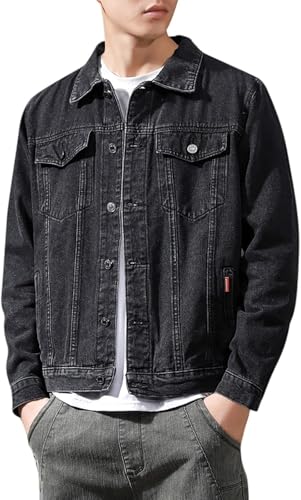 Suncadmious Herren Basic Stretch Jeansjacke Frühling und Herbst Lässige Gutaussehende Workwear Jacke Langarmjacke Leichte Jacke mit Taschen (Schwarz,3XL) von Suncadmious