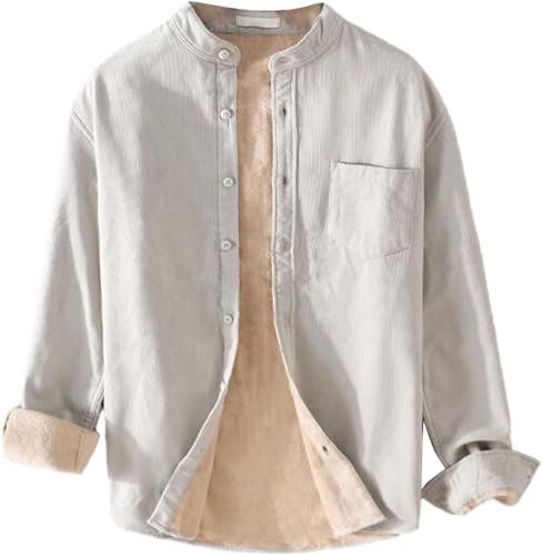 Suncadmious Herren Cordhemd mit Plüschfutter Langärmliges Knopfhemd Schmales Winterhemd Gepolstertes und verdicktes warmes Hemd Einfarbige Hemdjacke (Light Gray,XXL) von Suncadmious