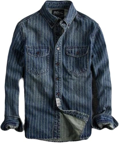 Herren Frühling Vintage gestreiftes Denim Button Down Hemd Langarm Doppelte Fronttasche Freizeithemd Klassisch Lässig Geprägte Klappe Slim Fit Hemd (Blau,XL) von Suncadmious