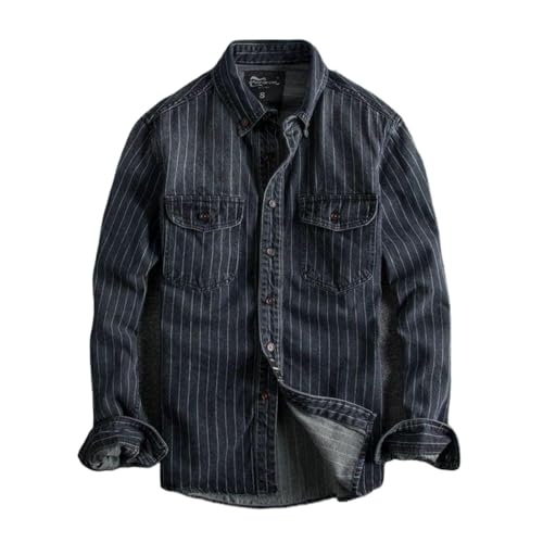 Suncadmious Herren Frühling Vintage gestreiftes Denim Button Down Hemd Langarm Doppelte Fronttasche Freizeithemd Klassisch Lässig Geprägte Klappe Slim Fit Hemd (Schwarz,XL) von Suncadmious
