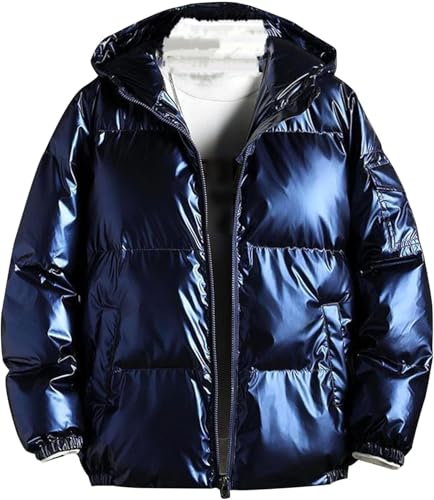 Suncadmious Herren Glänzend Gepolstert Winter Kapuzenmantel Metallisch Voll Reißverschluss Daunen Gesteppt Puffer Jacke Warm Plus Size Glänzend Kapuzenmantel (blau,XXL) von Suncadmious