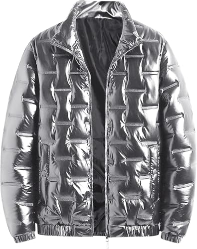Suncadmious Herren Glänzende Winterjacke Schwergewichtige Pufferjacke Freizeitmantel für Männer Winddicht Packbar Stehkragen Daunenjacke (Silber,L) von Suncadmious