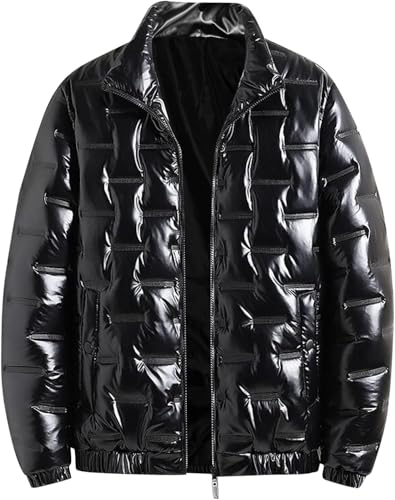 Suncadmious Herren Glänzende Winterjacke Schwergewichtige Pufferjacke Freizeitmantel für Männer Winddicht Packbar Stehkragen Daunenjacke (schwarz,XXL) von Suncadmious