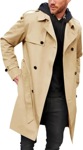 Suncadmious Herren Trenchcoat Slim fit Double Breasted Belted Windbreaker Revers Lange Jacke Casual Windproof Overcoat (Khaki,XL) von Suncadmious