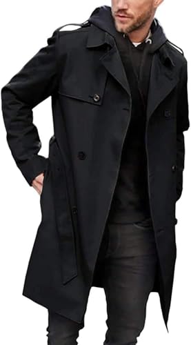 Suncadmious Herren Trenchcoat Slim fit Double Breasted Belted Windbreaker Revers Lange Jacke Casual Windproof Overcoat (schwarz,XS) von Suncadmious