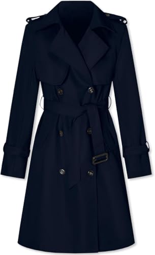 Suncadmious Langer Trenchcoat mit Doppelknöpfen und Gürtel für Damen (blau,S) von Suncadmious