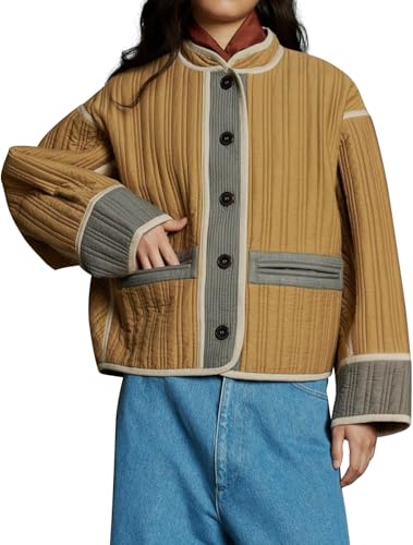 Suncadmious Leichte wattierte Kurzmanteljacke im Patchwork-Vintage-Stil für Damen Bedruckte Steppjacke leichte wattierte Jacke im Farbblockdesign (Khaki,S) von Suncadmious