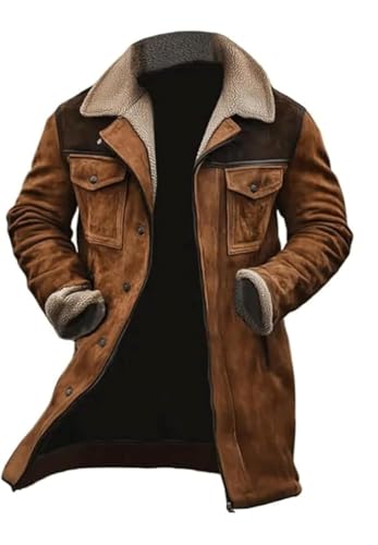 Suncadmious Männer Klassischer Stil Vintage Revers Knopf Mantel Durchgehender Reißverschluss Lässiger Vintage Plüschkragen Mantel Wintermantel Verdickter Wildleder Kunstleder Windbreaker (Khaki,S) von Suncadmious