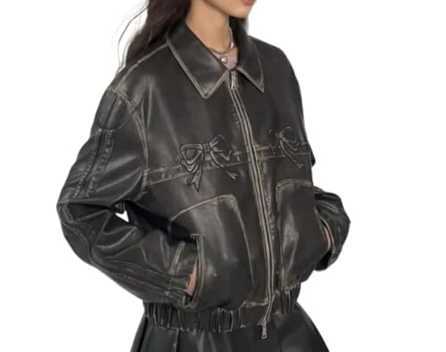 Suncadmious Schleife Jacke Leder Bomberjacke Kunstlederjacke Frauen Vintage Lederjacke Y2k (schwarz,M) von Suncadmious