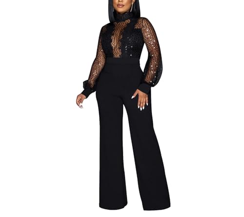 Suncadmious Spitze Pailletten Details Formal Jumpsuits für Frauen Elegant Abend Party (schwarz,L) von Suncadmious