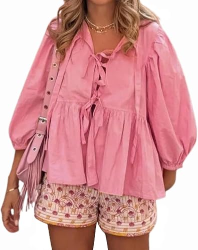 Suncadmious Tie Front Tops Frauen Y2k Leoparden Muster Peplum Babydoll Top 3/4 Länge Puff Ärmel Coquette Tops Niedliche Ausgeh-Tops (Pink,XL) von Suncadmious