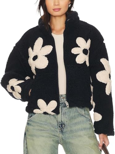 Suncadmious Women 's Floral Print Sherpa Fleece Jacken lässig Lange Ärmel Reißverschluss abgeschnitten Mantel Winter Outwear mit Taschen (schwarz,L) von Suncadmious