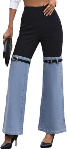 Suncadmious Women 's Two Tone Denim Patchwork Flared Pants Hohe Taille Farbe Block Bell Bottom Jeans Hosen (blau,XL) von Suncadmious