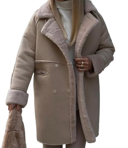 Suncadmious Women 's Winter Notched Revers Double Breasted Sherpa Fleece Faux Wildleder Lange Trenchcoat mit Taschen (Khaki,L) von Suncadmious