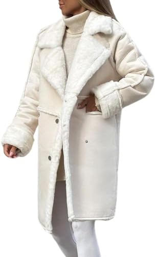 Suncadmious Women 's Winter Notched Revers Double Breasted Sherpa Fleece Faux Wildleder Lange Trenchcoat mit Taschen (weiß,M) von Suncadmious