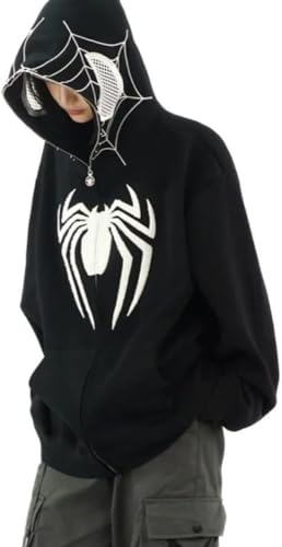 Y2K Hip Hop Spinne Hoodie für Frauen Männer Grafik Full Zip up Hoodies Übergröße Kawaii Hoodies Spinne Jacke (schwarz,S) von Suncadmious