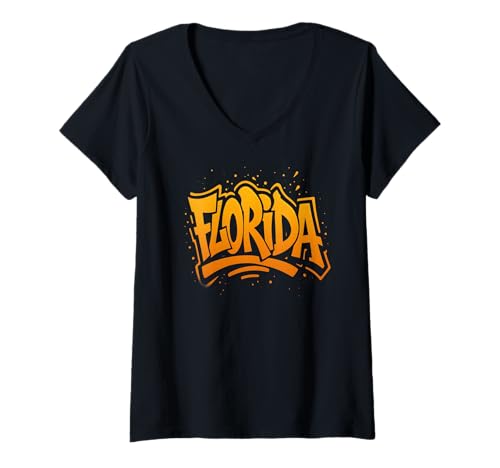 Damen Florida Bold Graffiti Orange Urban Art Grafik T-Shirt mit V-Ausschnitt von Suncoast Spray Co.