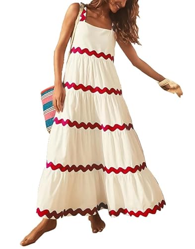 Damen 2024 Sommer Spaghetti -Träger Maxi Kleid Schwung abgestufte Cami -Kleider Strand Lange Sonnenbräuche von Suncolour