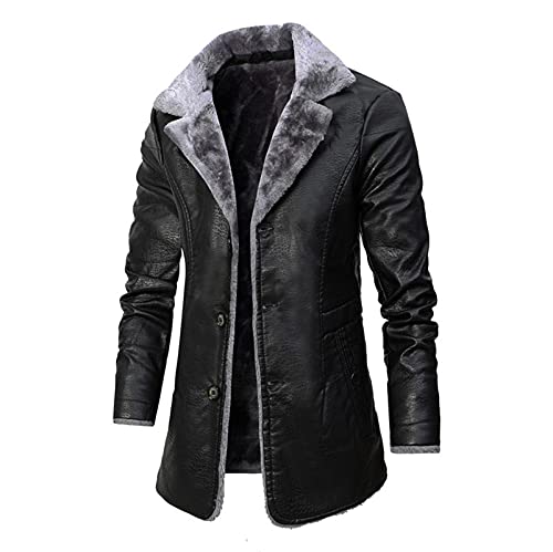 Herren Pelzkragen Winter Leder Lange Jacke Herren Schwere Arbeit Kunstleder Mantel Schwarz Braun Motorrad Trenchcoat von Suncolour