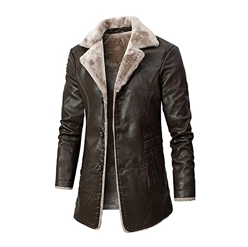 Herren Pelzkragen Winter Leder Lange Jacke Herren Schwere Arbeit Kunstleder Mantel Schwarz Braun Motorrad Trenchcoat von Suncolour