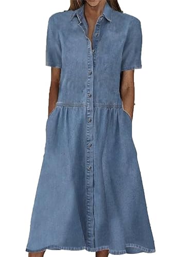 Kurzärmliges, langes Jeanskleid für Damen, lockeres, lässiges Jeans-Hemdkleid, A-Linien-Jeanskleid mit Knopfleiste von Suncolour