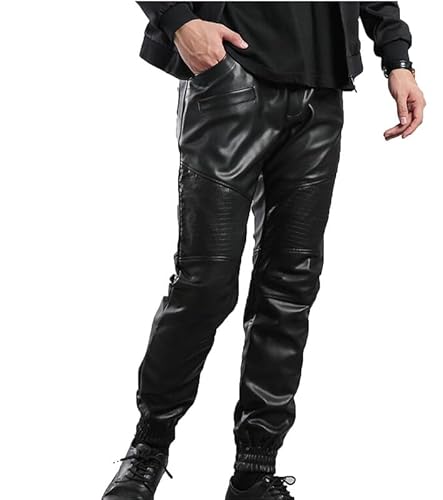 Männer schwarzer Leder Jogger Hosen Kunstleder Bikerhose Kordelstring Taille PU Clubhose für Herre von Suncolour
