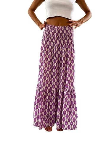 Maxirock für Damen im Boho-Stil, gesmoktem Gummibund, gestufter A-Linien-Maxirock für den Strandurlaub, Lange Röcke von Suncolour