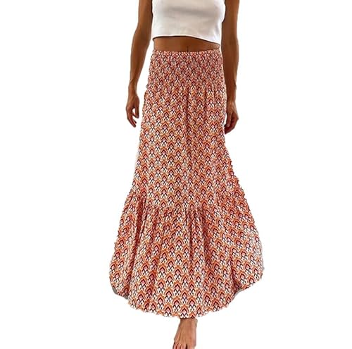 Maxirock für Damen im Boho-Stil, gesmoktem Gummibund, gestufter A-Linien-Maxirock für den Strandurlaub, Lange Röcke von Suncolour