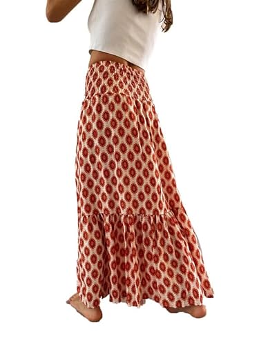 Maxirock für Damen im Boho-Stil, gesmoktem Gummibund, gestufter A-Linien-Maxirock für den Strandurlaub, Lange Röcke von Suncolour