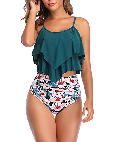 Suncolour Bedruckter Tankini Badeanzug für Frauen Rüschen High Waist Bademode 2 Stück Badeanzüge Bikini Sets von Suncolour